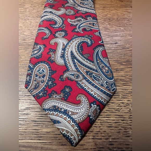 Christian Dior Monsieur Red Navy Brown Paisley Pattern Pure Silk Neck Tie - Picture 2 of 4